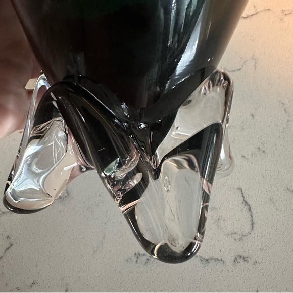 Gorgeous Vintage Hand Blown Clear & Emerald Optic Art Glass 9" Vase Footed - Picture 8 of 11